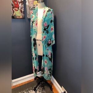 Billabong Aqua Turquoise Floral Kimono Beach Cover Up Jacket S/M M/P Vintage